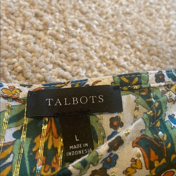 Talbots Floral Lattice Cotton Print Blouse Green Metallic Gold Size LARGE 2023 - Picture 4 of 11